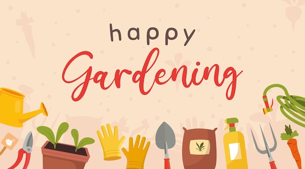 Feliz estandarte de jardinería con herramientas y verduras
