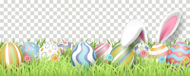 Vector feliz estandarte de pascua con huevos de pascua, hierba y orejas de conejo