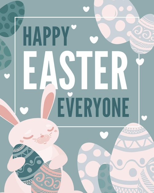 Feliz estandarte vectorial de Pascua con un conejo lindo sosteniendo huevos grandes