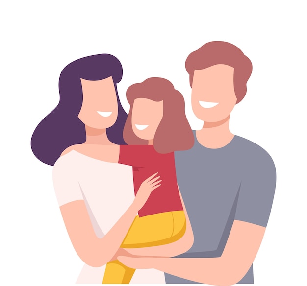 Feliz familia amorosa padres sonrientes y su hija abrazándose una a la otra ilustración vectorial