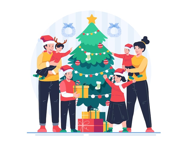 Vector feliz familia celebrando la navidad con un árbol de navidad y regalos
