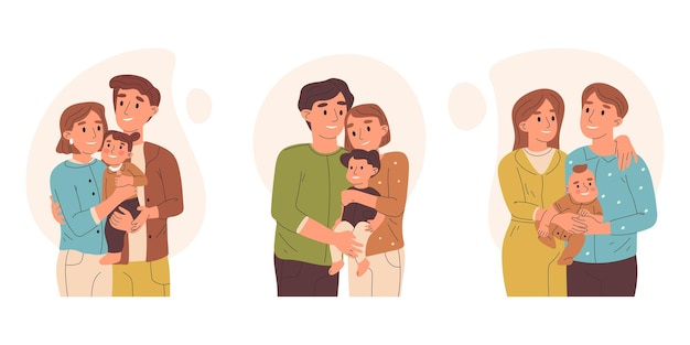 Feliz familia mamá y papá llevando bebé crianza concepto vector símbolos ilustración