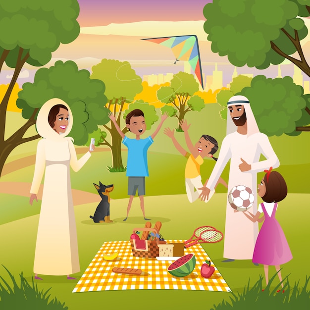 Feliz familia musulmana en picnic en city park vector