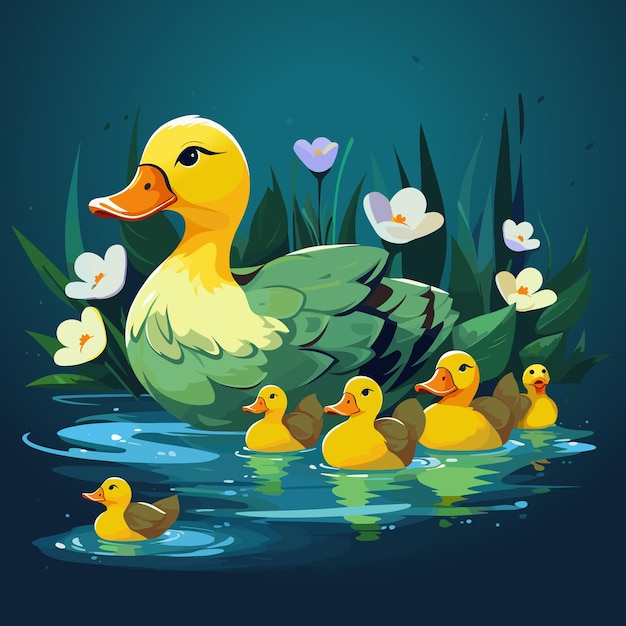 Feliz familia Niños patos con madre Cañas en el estanque Grupo de patitos Vector ilustración ordenada