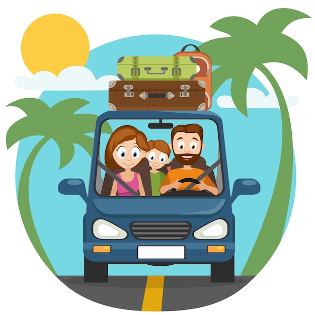 Vector feliz familia papá, mamá e hija van en coche para viajar.