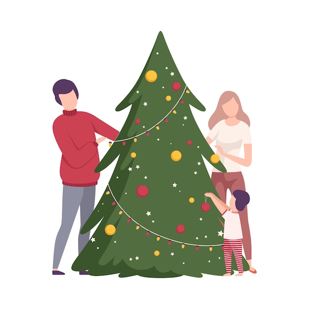Feliz familia preparándose para la celebración de las vacaciones de Año Nuevo Ilustración vectorial