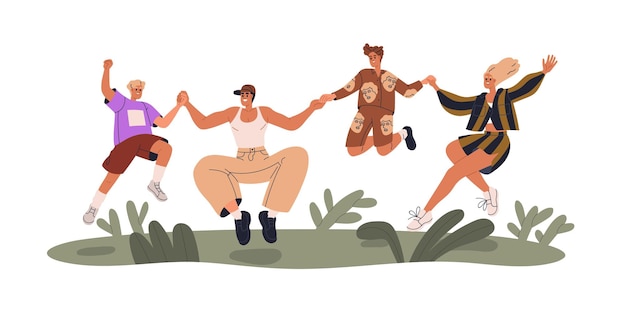 Feliz familia saltando Excitados padres e hijos celebrando juntos Alegre madre padre e hijos Mamá padre e hijos al aire libre Ilustración gráfica vectorial plana aislada sobre fondo blanco
