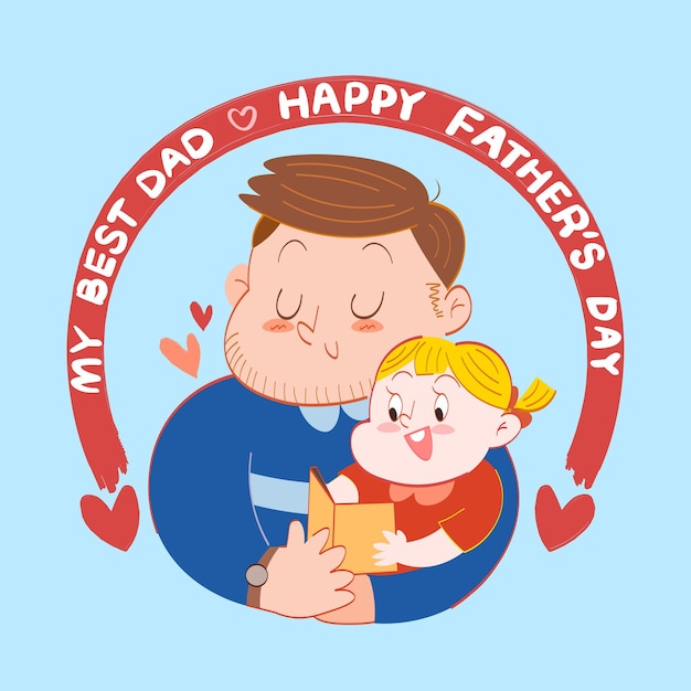 Feliz familia y tarjeta de felicitación del día del padre Padre felizmente sostiene a su hija sobre fondo azul