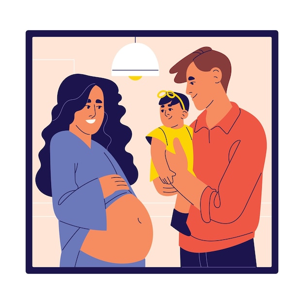 Feliz familia unida y completa papá sonriente parado junto con la madre embarazada y sosteniendo al bebé pareja casada padres jóvenes se preocupan por el niño mamá y papá aman al niño ilustración vectorial plana