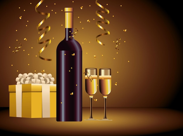 Feliz feliz navidad botella de champán y copa con ilustración de regalos
