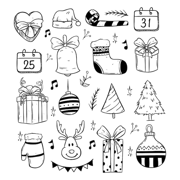 feliz feliz Navidad linda colección de iconos con estilo doodle o dibujado a mano