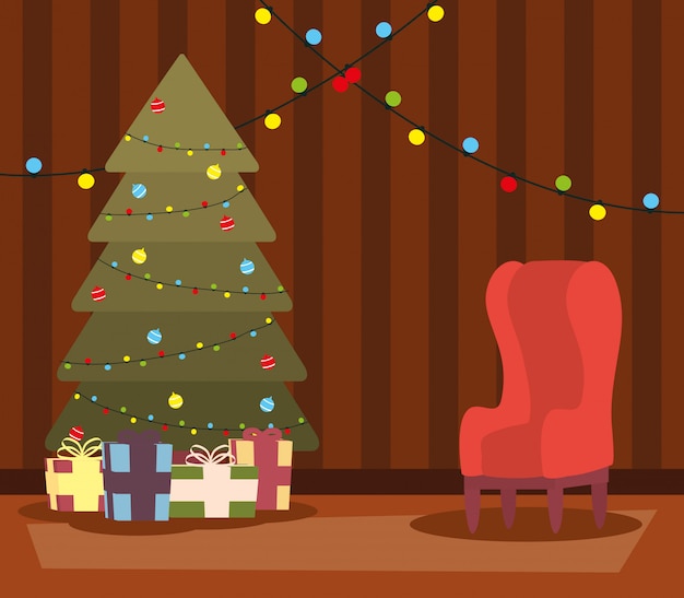 Vector feliz feliz navidad salón con árbol y regalos escena