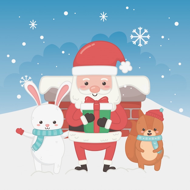 Feliz feliz tarjeta de navidad con santa claus y animales