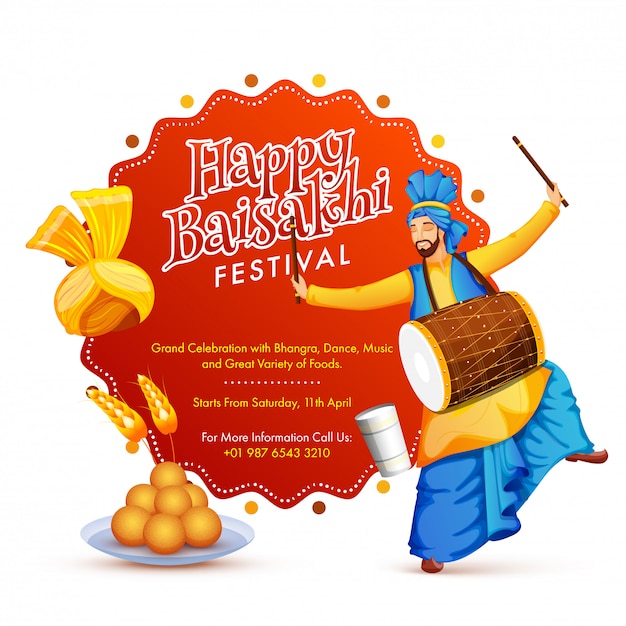 Vector feliz festival baisakhi con el baile del hombre punjabi tocando instrumentos tradicionales, dulces y turbante.