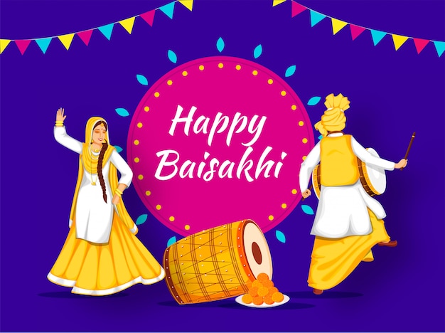 Feliz festival baisakhi con punjabi pareja bailando, instrumento tradicional y dulce.