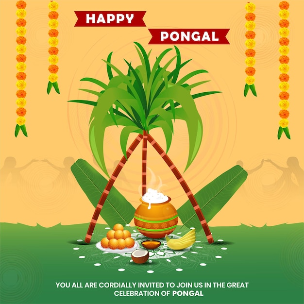 Feliz festival de la cosecha de Pongal o celebración de tamilnadu con dulces de comida de hoja de plátano Ilustración vectorial