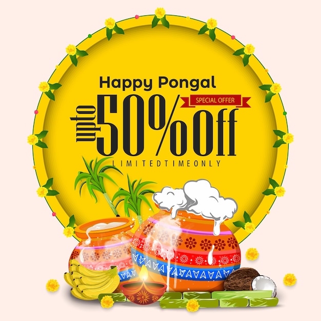 Feliz Festival de la cosecha de Pongal de Tamil Nadu Diseño de fondo del sur de la India Ilustración vectorial