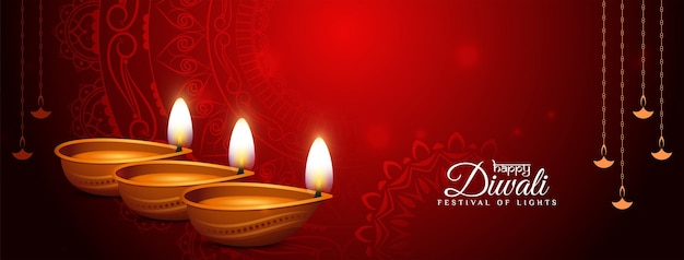 Feliz festival cultural de diwali vector de diseño de banner clásico de color rojo