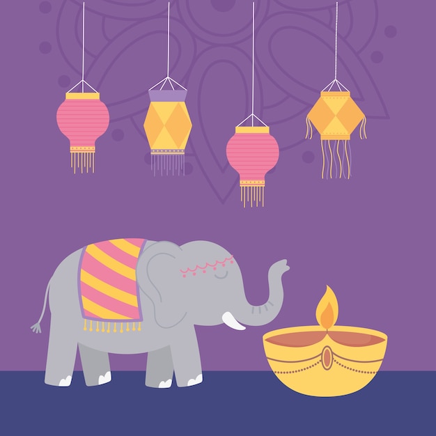 Feliz festival de diwali, elefante diya lámpara vela y decoración de linternas.