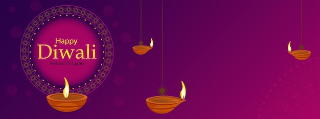 Feliz festival de Diwali de la India con la ilustración de vector de fondo de Diya.