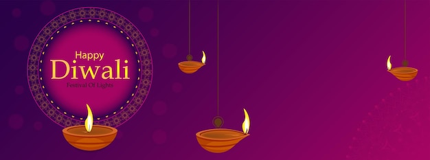 Feliz festival de diwali de la india con la ilustración de vector de fondo de diya.