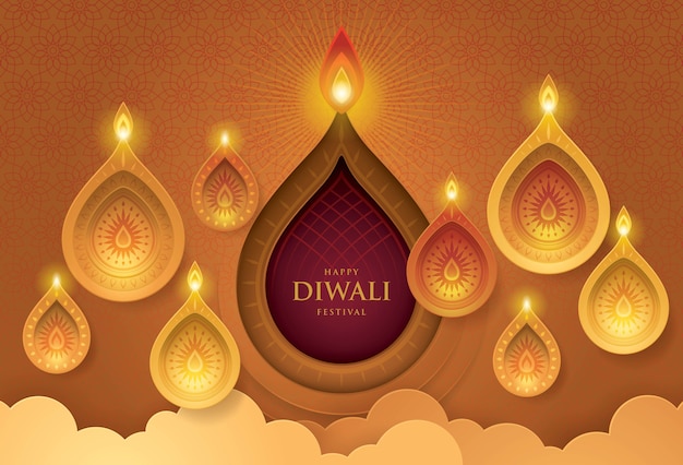 Feliz festival de diwali con lámpara de aceite, arte de papel