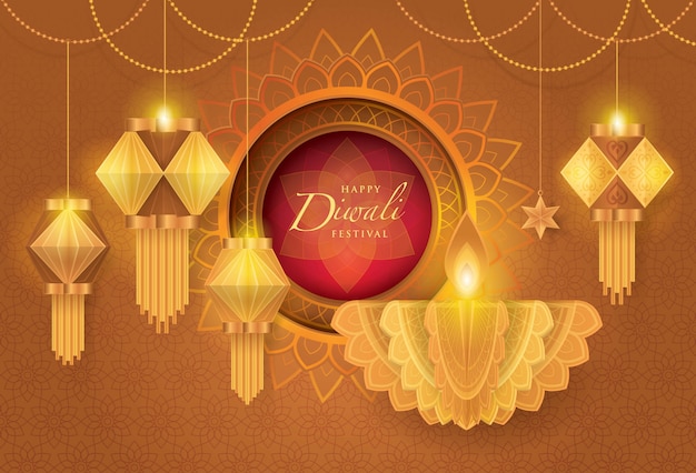 Feliz festival de Diwali con lámpara de aceite, arte de papel