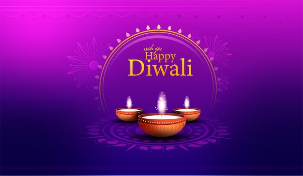 Feliz festival de diwali con lámpara de aceite, fondo de vacaciones de diwali con rangoli,