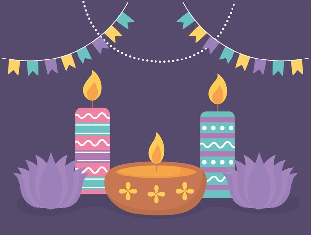 Feliz festival de diwali, velas de flores de loto y celebración de la lámpara diya.