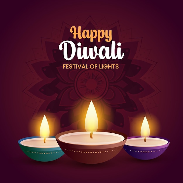 Feliz Festival Indio de Diwali Festa de fondo con Diyas y mandala Template
