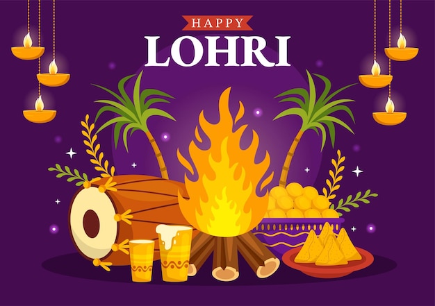 Feliz Festival Lohri de Punjab India Ilustración con danza y hoguera en plantillas dibujadas a mano
