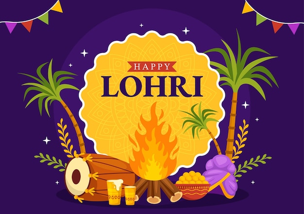 Feliz Festival Lohri de Punjab India Ilustración con danza y hoguera en plantillas dibujadas a mano
