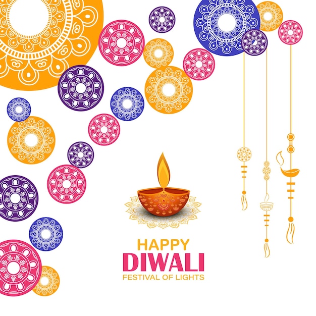 Feliz festival de luces Diwali, luces doradas indias Rangoli, fondo colorido