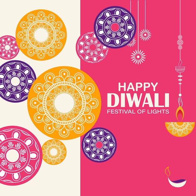 Feliz festival de luces diwali, luces doradas indias rangoli, fondo colorido