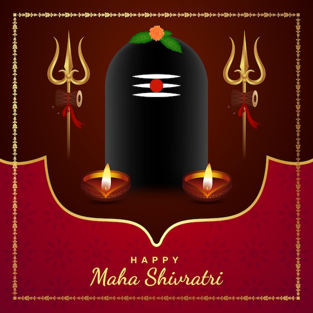 Feliz festival de Maha Shivratri fondo de saludo creativo con Shivling Diya y el vector Trishul