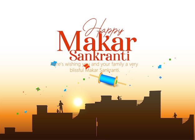 Feliz festival Makar Sankranti con cometas, nubes y sol