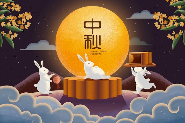 Feliz festival de mediados de otoño con lindos conejos disfrutando de mooncake y la luna llena en la noche estrellada, nombre de la fiesta en caracteres chinos