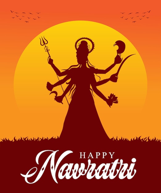 Feliz festival Navratri celebración diseño de carteles Diosa Durga Maa silueta ilustración vectorial