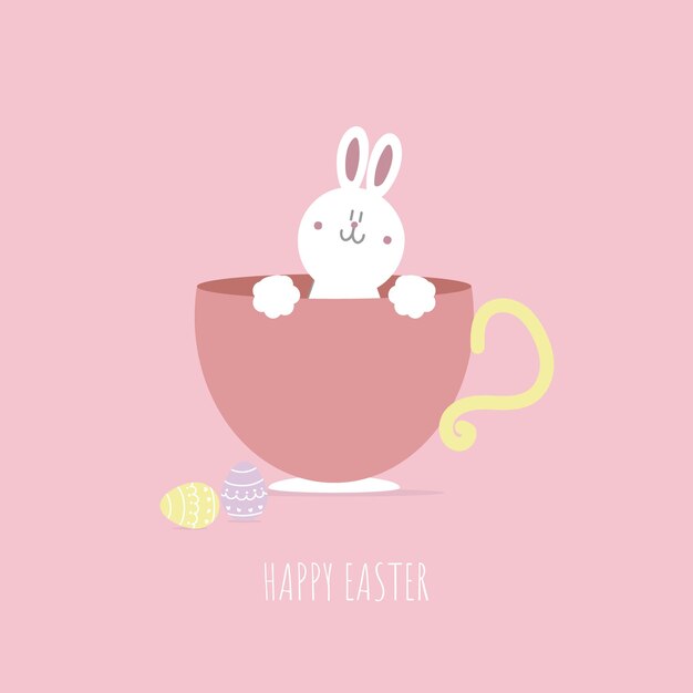Feliz festival de pascua con conejito mascota animal y taza de color pastel ilustración vectorial plana