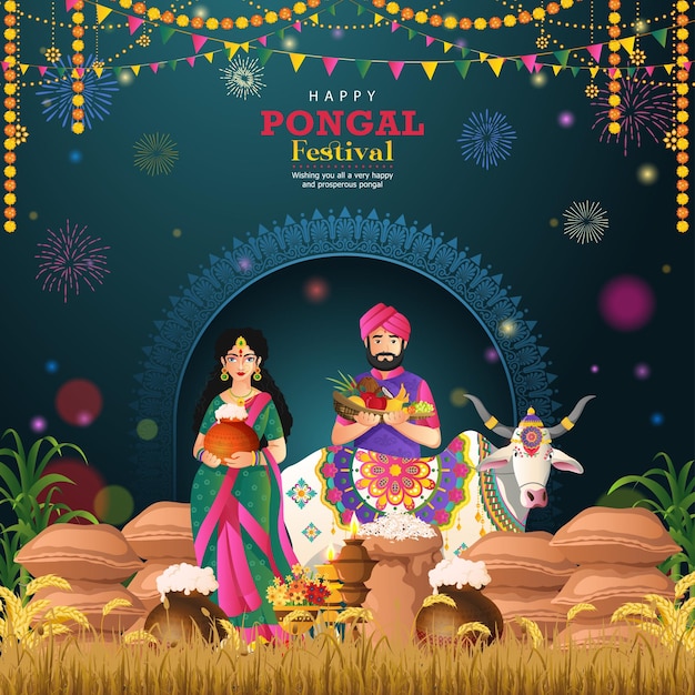 Feliz festival de Pongal de la India en el fondo