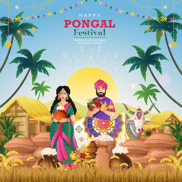 Feliz festival de Pongal de la India en el fondo