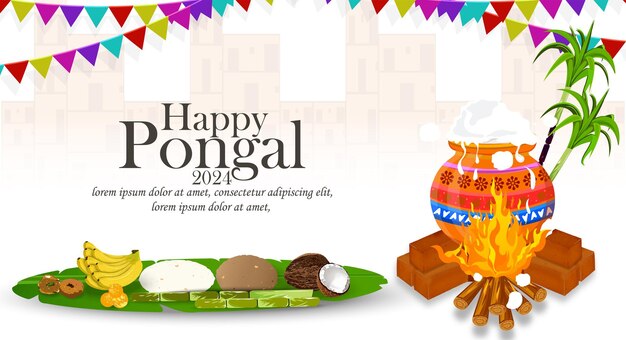 Feliz Festival de Pongal de la India plantilla de diseño de banner con ilustración vectorial de comida tradicional