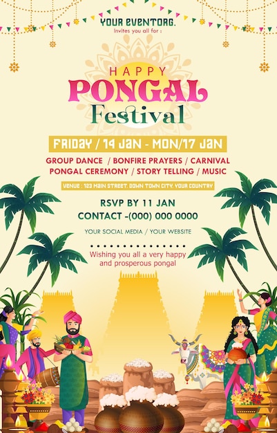 Feliz festival de Pongal de la India poster de fondo con concepto de color gradiente