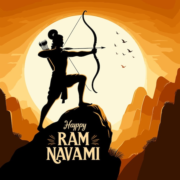 Feliz festival de ram navami de la india señor rama con diseño de ilustración vectorial de arco y flecha