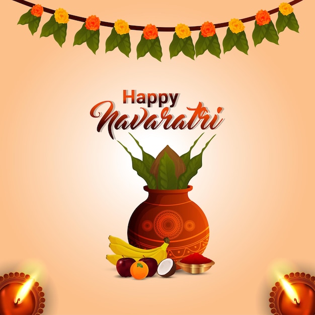 Feliz festival tradicional navratri de la india con kalash vector creativo y flor de guirnalda