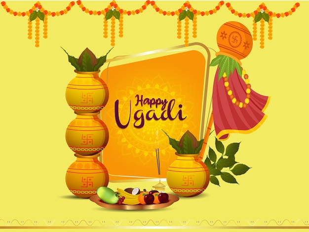 Feliz festival tradicional de la tarjeta de felicitación de la plantilla de ugadi
