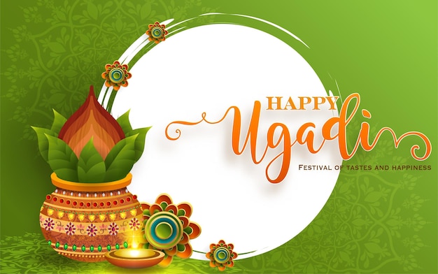 Feliz festival ugadi ilustración vectorial basada en ugadi font en un colorido festival decorativo