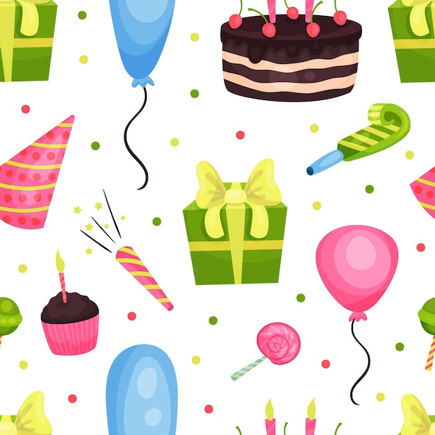 Feliz fiesta de cumpleaños con pastel y globo como símbolo festivo Vector plantilla de patrón sin costuras