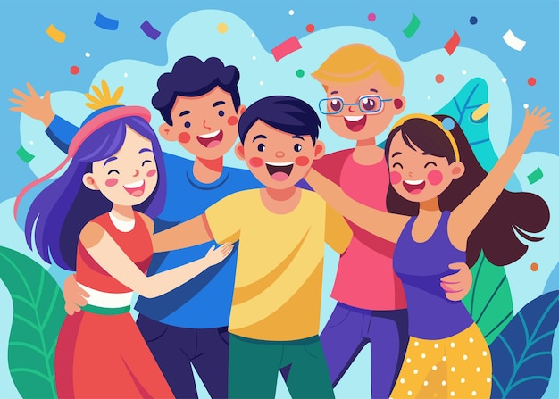 Feliz fiesta del Día de la Amistad Celebración con un grupo diverso de amigos abrazándose y sonriendo