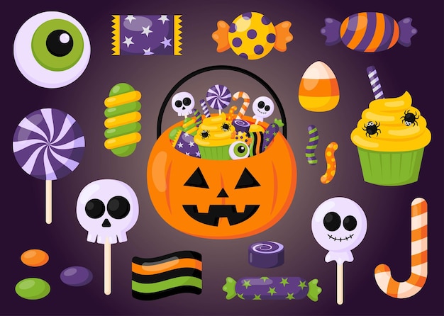 Vector feliz fiesta de dulces de halloween conjunto aislado sobre fondo púrpura